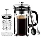 French Press Coffee Maker - Premium 8 Cup 34-Ounce No Grounds Coffee Tea Maker - 4 Level Filtration System & 2 Spoons for Measuring and Mixing Heat-Resistant Borosilicate Glass - Silver