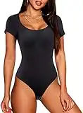 Gotoly Bodysuit for Women Tummy Control Shapewear Thong Shaping Tank Top Round Neck Jumpsuits Short Sleeve T Shirts (Black, X-Large)