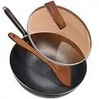ANEDER Padella wok in acciaio al carbonio con coperchio e spatola in legno, padella da 31,8 cm in ghisa con fondo piatto e manico in legno per stufe elettriche, a induzione e a gas