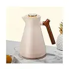 SJASD 1L/1.45L Pichet Isolé Sous Videthermos Cafe Isotherme Cafetière Thermo Thermique Flacon Poignée En Bois Pour Thé, Boissons, Bureau Et Hôtel,Blanc,1.45L