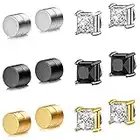 Hicarer 6 Pairs Stainless Steel Magnetic Stud Earrings for Men Women CZ Magnet Earring Non Piercing Clip On Earrings Diamond Cubic Zirconia Plug Silver Black Gold, 6-8 mm