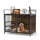 ROOMTEC Furniture Style Large Dog Crate with 360° & Adjustable Raised Feeder for Dogs with 2 Stainless Steel Bowls -End Table Dog House with Dog Pad (41Inch = Int.dims: 39.7" W x 22.4" D x 25.1" H)