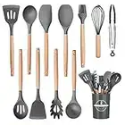 Utensilios Cocina de Silicona Comfook Set de 12 Juego de utensilios de cocina de silicona Antiadherente con Mango de Madera para Utensilios,resistente al calor,sin BPA, antiarañazos,gris claro