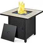 Yaheetech 30" Propane Gas Fire Pit Table 50,000 BTU Square Gas Fire Table with Ceramic Tabletop and Blue Fire Glass, Outdoor Fire Pit Table for Outside/Patio with Rattan Pattern Steel Base/Lid, Black