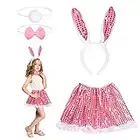 HONMOK Disfraz de Conejo de Pascua para niña Vestido Tutú Rosa con Orejas de Conejo y Cuello de Lazo Accesorios de Ropa Cosplay de Conejito para Pascua