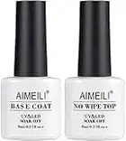 AIMEILI Gel Nail Polish Base Coat and Top Coat Set, 2×8ml Soak Off UV LED Gel Nail Varnish Lacquer Manicure Set, Gloss Shiny Long Lasting