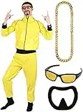 90s Celebrity Costume - Adults Yellow & Black Shell Suit + Matching Hat + Sunglasses + Gold Chain + Black Goatee - Funny Rapper Halloween Stag Do Fancy Dress Costume (Size: XX-Large)