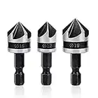 Mesee 3 Pieces 5 Flute 90 Degree Chamfering Countersink Drill Bit Set, 1/4 Inch Hex Shank HSS Countersink Drill Bits for Woodworking Countersinking Drilling Tool 12mm 16mm 19mm