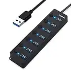 7-Port USB 3.0 Hub with Individual Power Switches and Lights, High-Speed Data Hub Splitter Portable USB Extension Hub for PC Laptop and More