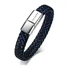 Lederarmband für Männer, Angepasst Personalisierte PU Geflochtene Manschette Magnetverschluss Armreif frei Gravur Edelstahl Schmuck Geburtstagsgeschenk für Papa Ehemann Sohn Freund, Silber