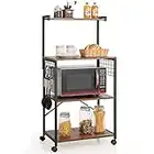 COSTWAY Kitchen Baker’s Rack, Microwave Oven Stand Organizer with Hooks and Lockable Wheels, Free Standing Utility Storage Shelf for Dining Living Room