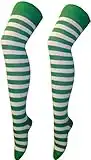 Women Stripe Over The Knee Socks Thigh High Girls Stretchy OTK Socks Fancy Dress (Green & White)