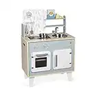 Janod - Cucina Giocattolo Plume - Mini Cucina per Bambini in Legno - con Forno, Lavello Inox, Armadietto, Pulsanti e Orologio - Cucina in Legno con 5 Accessori - Da 3 a 8 Anni, J06608