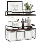 WOPITUES Floating Shelves with Wire Storage Basket, Bathroom Shelves Over Toilet with Protective Metal Guardrail, Wood Wall Shelves for Bathroom, Bedroom, Living Room, Toilet Paper- Dark Brown
