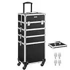 SONGMICS Valise de Maquillage Professionnel 4-en-1, Mallette Cosmétique, Grand, Rangement Onglerie, avec Couverture, Verrouillable, Roulettes à 360°, pour Manucure, Maquilleur, Coiffure, Noir JHZ06B