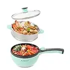 Audecook Elektrische Hot Pot mit Dampfgarer, 1,5 l Elektrische Bratpfanne, Topf 20cm, Antihaft Mini elektropfanne, Multikocher mit Dual Power Control für Wohnheim, Reise, Zuhause - Grün