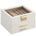 SONGMICS Jewelry Box with Glass Lid, 3-Layer Jewelry Organizer, 2 Drawers, 8 x 9.1 x 5.3 Inches, Cloud White and Gold Color UJBC239WT