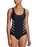 DELIMIRA Femme Maillot de Bain 1 Pièce Rayé Amincissant à Rembourré Noir 40