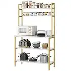 HITHOS Industrial 5-Tier Kitchen Bakers Rack with Hutch, Microwave Oven Stand with Shelves, Kitchen Hutch with Storage, Coffee Bar for Living Room, Utility Storage Shelf for Home Office, White+Gold