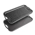 Cast Iron Griddle Plate for Gas Hob and BBQ Griddle pan Double Sided Pre-Seasoned, Grill Plate Tray, for Healthy and Delicious Cooking, Flat and Ridged Surfaces 50 x 25cm