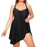 Daci Plus Size Two Piece Swimdress with Boyshorts for Women Flowy Swimsuits Tummy Control Tankini Bathing Suits, Solid Black, 18 Plus