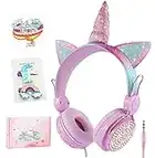 JUVEL Auriculares Unicornio - Auriculares con Oreja Auriculares Lindos con Orejas de Gato con Cable Auriculares para Cumpleaños/Halloween/Navidad/Volver a la Escuela (Rosa)