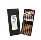 EXZACT Chopsticks Gift Set - 5 Pairs of Reusable Natural Bamboo Chopsticks in a Beautiful Black Handmade Box - Decorated Japanese Style