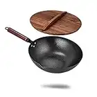 AEROBATICS Carbon Steel Wok Pan, Hand Hammered Wok with Wooden Handle, Stir Fry Pan with Lid, Traditional Cast Iron Wok for Electric Induction and Gas Stoves,Black