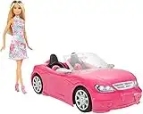 Barbie Voiture Cabriolet Rose, décapotable avec deux sièges noirs, ceintures et rétroviseurs argentés, poupée incluse, jouet pour enfant, FPR57