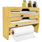 3 in 1 Wrap Dispenser with Cutter and Labels, Kitchen Organizer Storage Foil and Plastic Wrap Organizer for Wall Mount, Drawer, Bamboo Paper Towel Storage Holder, Compatible with 13" Roll