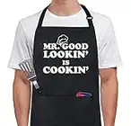 Xornis 100% Cotton Funny Aprons for Men Mr. Good Looking is Cooking Kitchen Grill BBQ Adjustable Bib Aprons with 2 Pockets Gifts for Dad Father's Day Birthday Anniversary