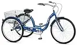 Schwinn Meridian Adult Tricycle Bike, Mens and Womens Three Wheel Beach Cruiser, 26-Inch Wheels, Low Step-Through Frame, Wide Seat, Rear Folding Basket, 1-Speed, Blue