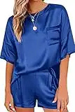 Ekouaer Pajamas Women Short Sleeve Top with Satin Shorts Slip Sleepwear Loose Silk Sleep Tee Summer Lounge Pj Set Gift(Snorkel Blue, Small)