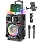 Heartsea Bluetooth Karaoke Machine Wooden Speaker with 2 Microphones for Kids Adults Portable Karaoke Speaker Party Singing Machine Outdoor PA System/DJ Ball/ MP3/FW/REC/Guitar/TWS/Remote Control