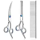 Pets vv 3 Pack Dog Grooming Scissors with Safety Round Tip, Perfect Stainless Steel Up-Curved Grooming Scissors Kit Thinning Cutting Shears Comb Pet Dog Grooming Supplies Trimmer for Dogs and Cats