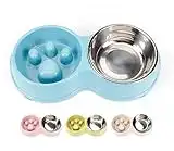 JACKO & CO - Double Slow Feeder - Food and Water Bowls for Pets - for Small and Medium Dogs, Puppies, Cats - Removable Stainless Steel Bowl - Non Slip - Anti Choke - Easy to Use (Blue)