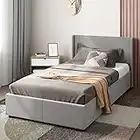 Zinus Canapé abatible de 32 cm con somier tapizado, cama con elevador de gas y almacenamiento Maddon, Somier de listones de madera, para adultos, niños y adolescentes, 90 x 190 cm, Gris Claro