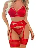 popiv Sexy Lingerie Set for Women 4 Piece Bra and Panty Set with Garter Belt Strappy Lingerie Set with Thigh Cuffs Red