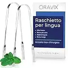 Pulisci lingua in acciaio inox | Confezione da 2 | Raschietto lingua | Contro l’alito cattivo e per una corretta pulizia della lingua | Spazzolino per lingua | ORAVIX