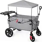 EVER ADVANCED Foldable Wagons for Two Kids & Cargo, Collapsible Folding Stroller with Adjustable Handle Bar,Removable Canopy with 5-Point Harness Gray