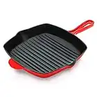 NutriChef Nonstick Cast Iron Grill Pan - 11-Inch Kitchen Square Cast Iron Skillet Grilling Pan, Enameled Cast Iron Skillet Steak Pan w/Side Drip Spout for Electric Stovetop, Induction, Gas, red