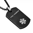 LF Stainless Steel TYPE 1 DIABETIC Medical Alert Dog Tag ID Pendant Caduceus necklace for Men Women Teens Health Alert Monitoring Systems,Black