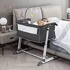 Yacul Baby Bassinet, Bedside Crib Sleeper with Wheels and Music Box, Height Adjustable fit for Bed Height 19" - 26.5", Portable, Dark Gray
