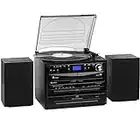 AUNA 388-DAB+ - Chaîne HiFi, Radio CD, 2 Enceintes, Fonction BT, Tuner Radio FM/Dab+, Platine Vinyle, Lecteur CD avec MP3, 2 platines Cassette, USB et SD, Fonction d'encodage - Noir