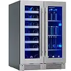 Zephyr Presrv 24'' Wine Fridge & Beverage Refrigerator Dual Zone Under Counter - Mini Wine Cooler Cellars Small Beer Fridge Cabinet Drink Chiller Freestanding with French Glass Door 21 Bottles, 64 Cans