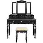 VASAGLE Vanity Makeup Set with 7 Drawers, 2 Brush Slots and 4 Open Compartments, Dressing Table with Tri-Fold Necklace Hooked Mirror, Solid Wood Legs, Cushioned Stool, Black URDT06BK