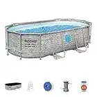 Bestway 56715E Power Steel Swim Vista 14' x 8'2" x 39.5" Outdoor Oval Above Ground Swimming Pool Set with 530 GPH Filter Pump, Cover, & Ladder