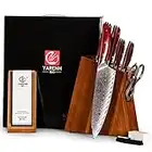 YARENH Knife Block Set, 8 Piece Damascus Chef Knife for Kitchen with Sharpener Stone, High Carbon Stainless Steel, 67 layers,Full Tang, African Sandalwooden Handle, Professional Forged Handmade