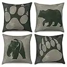 Rustic Bear Pillow Covers Set of 4 18x18 inch, Black Bear Paw Print Throw Pillow Covers Cabin Lodge Decorative Gray Pillowcase Wild Animal Cushion Couch Cover Outdoor Cushion Case