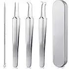 Blackhead Remove Tools 4 Pieces Ingrown Hair Removal Kit 3 Stainless Steel Blackhead Tweezers with Needle Pimple Comedome Extractor Punch Blemish Tool Zit Popper Set with Metal Case for Women Girls